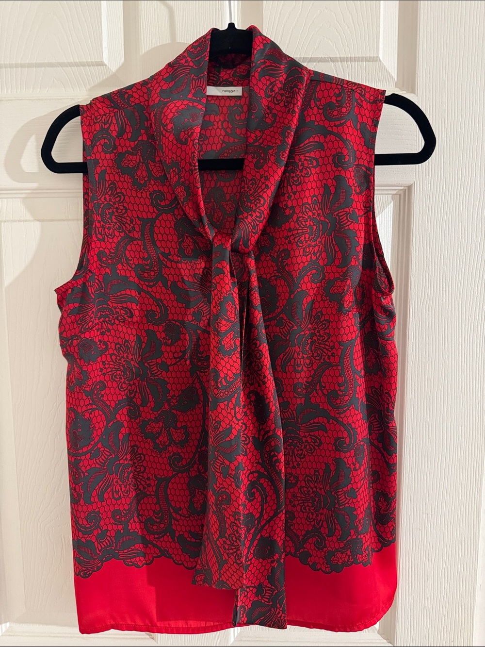 Sleeveless Tie-Neck Floral Lace Print Top - Red